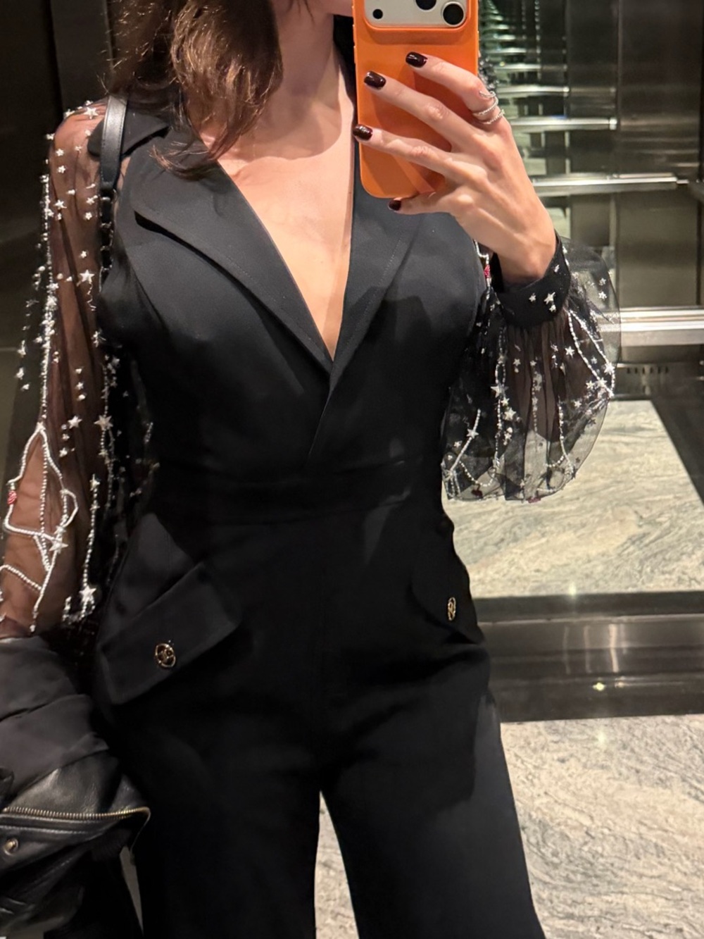 Elisabetta Franchi Black Embellished Tulle-Sleeve Jumpsuit
